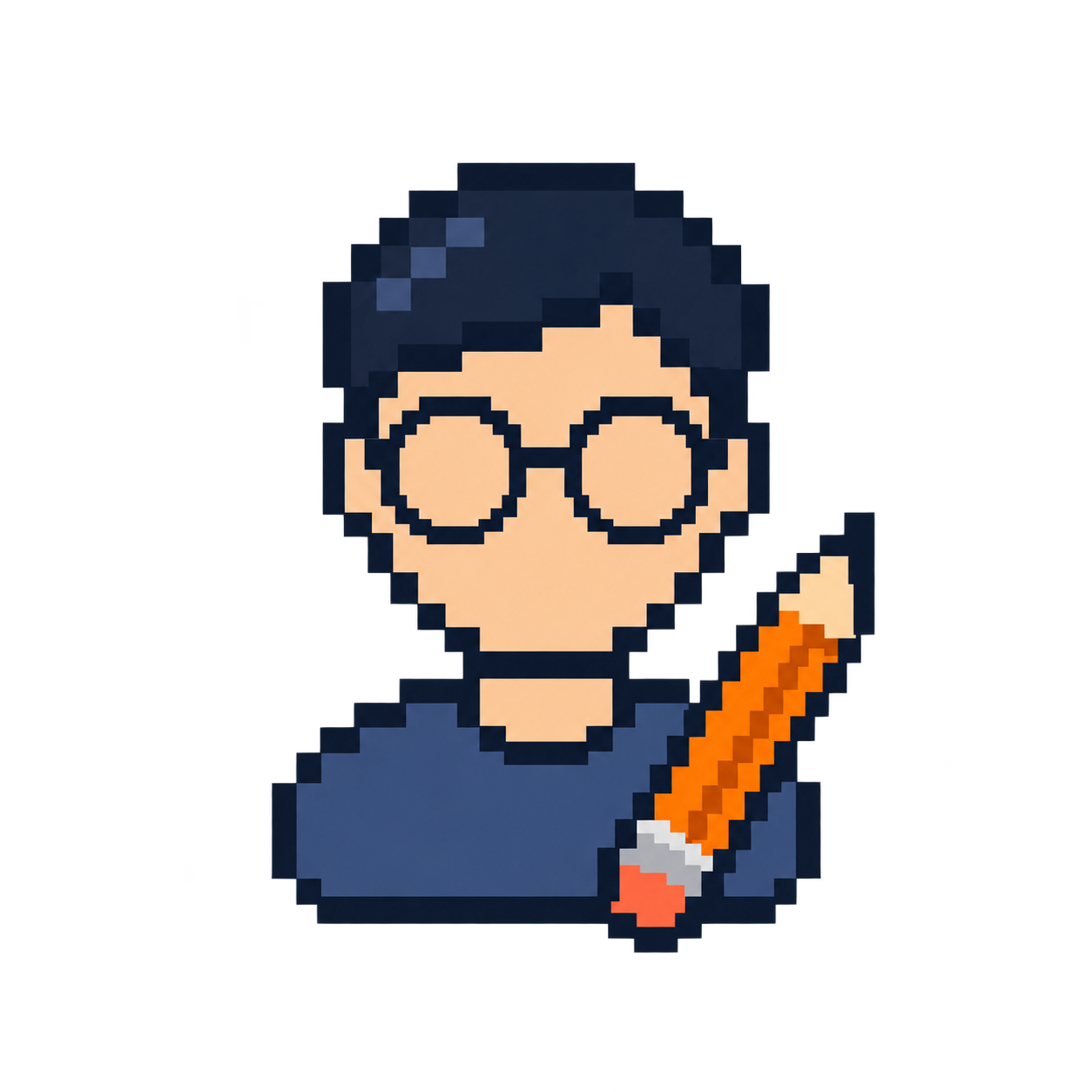 Faceless pixel-art designer with glasses and a drawing pencil